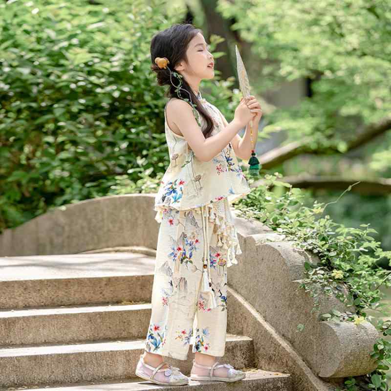 セットアップ 女の子 夏 薄手 涼しい チャイナ風 中華風 ノースリーブ キャミソール 九分丈パンツ 上下セット 2点セット 綿混 普段着 部屋着 お出かけ おしゃれ かわいい