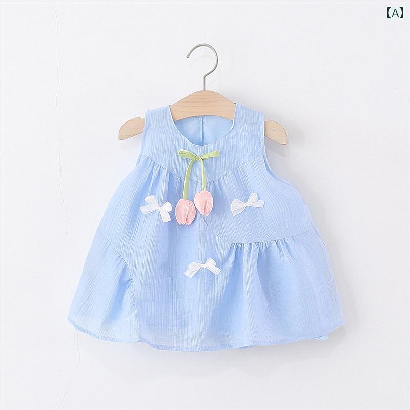 ワンピース キッズ 女の子 ベビー 子供服 ノースリーブ リボン チューリップ プリンセス シフォン 綿混 Aライン 無地 夏 韓国風 ピンク ブルー 80cm 90cm 100cm 通園