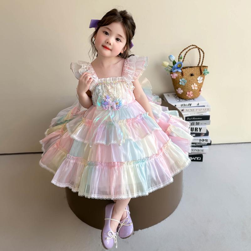 女の子 ワンピース レインボー おしゃれ カラフル チュール プリンセスドレス フォーマル ふんわりスカ..