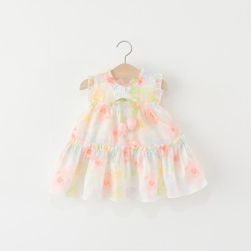 ワンピース 女の子 キッズ ベビー ノースリーブ プリンセスライン シフォン ポリエステル コットン裏地 柔らかい生地 小花柄 チューリップ柄 韓国風 かわいい お出かけ 普段使い 春夏