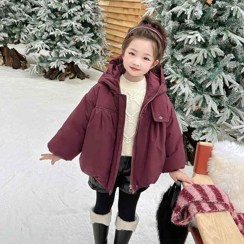 キッズ 女の子 中綿コート 冬用 防寒 暖かい 厚手 ボア裏地 フード付き ジップアップ 韓国ファッション 通園 通学 かわいい 無地 レッド ブラック