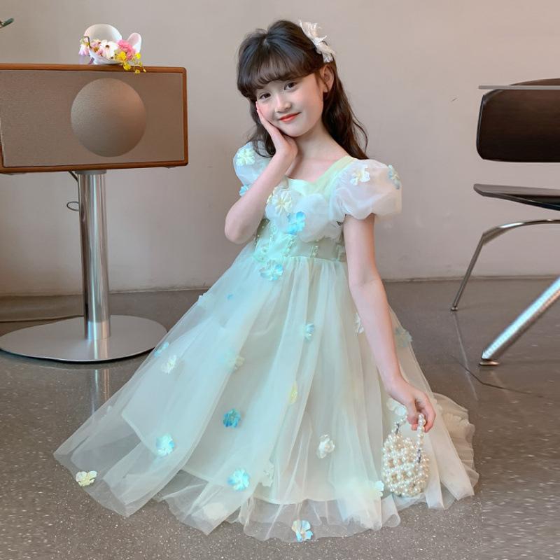 ワンピース 女の子 キッズ 夏物 プリンセスドレス 花柄 チュール 綿混 かわいい おしゃれ 普段使い 柔らかい ライトグリーン