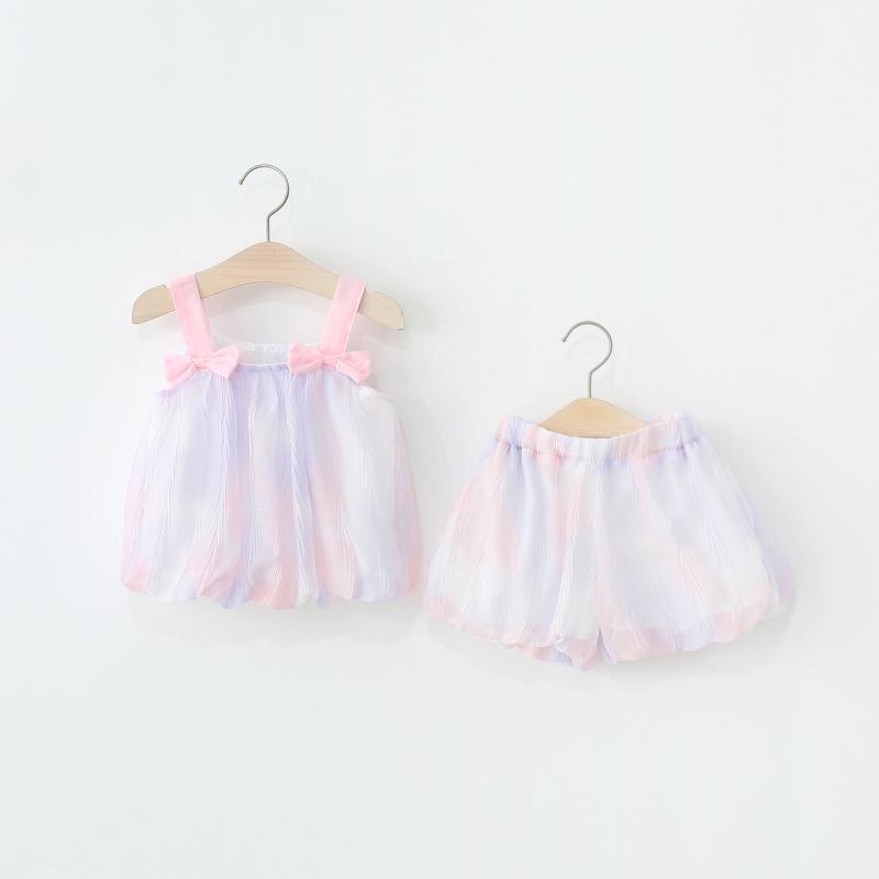 ベビー キッズ 女の子 セットアップ 夏 韓国ファッション グラデーションカラー クリンクル加工 薄手 シフォン素材 柔らかい キャミソール ショートパンツ 2点セット
