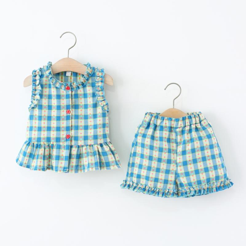 セットアップ 女の子 ベビー 女児 夏 格子柄 ショートパンツ ノースリーブ トップス 前開きボタン 2点セット 韓国風 カジュアル ポリエステル A類安全 ブルー 80cm 90cm 100cm 110cm