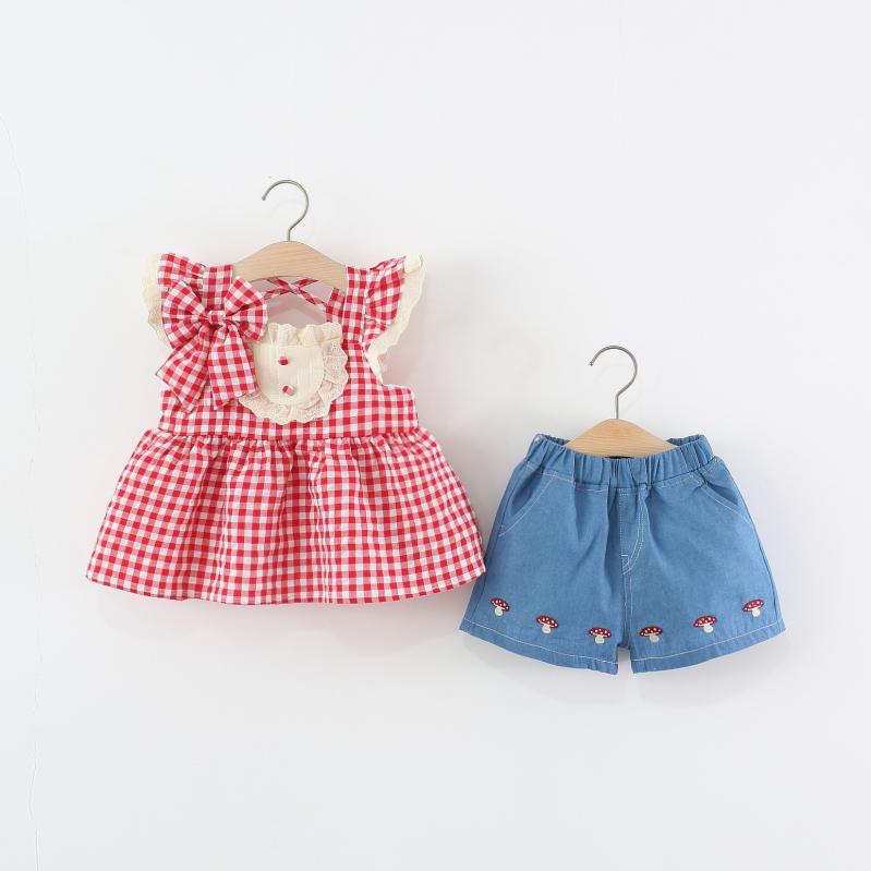 セットアップ 女の子 ベビー キッズ 薄手 半袖 フリル袖 チェック柄 トップス デニム ショートパンツ 2点セット 綿 コットン 春夏 赤 カジュアル 韓国ファッション 子供服 1歳 2歳 3歳 80cm 90cm 100cm