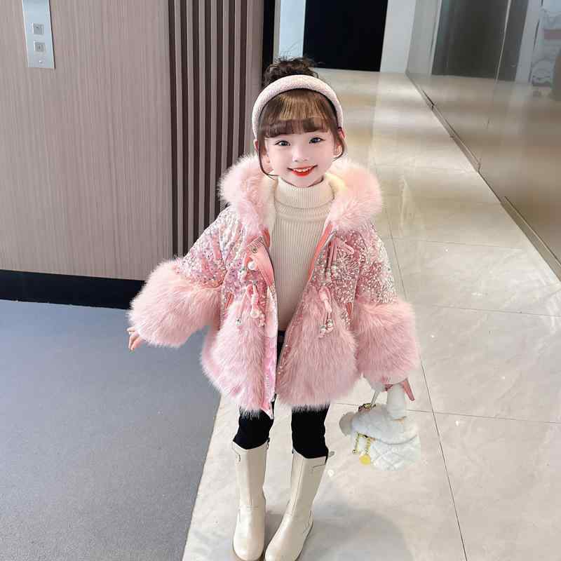 コート キッズ 女の子 裏起毛 厚手 あったか 防寒 フェイクファー ボア スパンコール フード付き ジップアップ もこもこ 冬 アウター