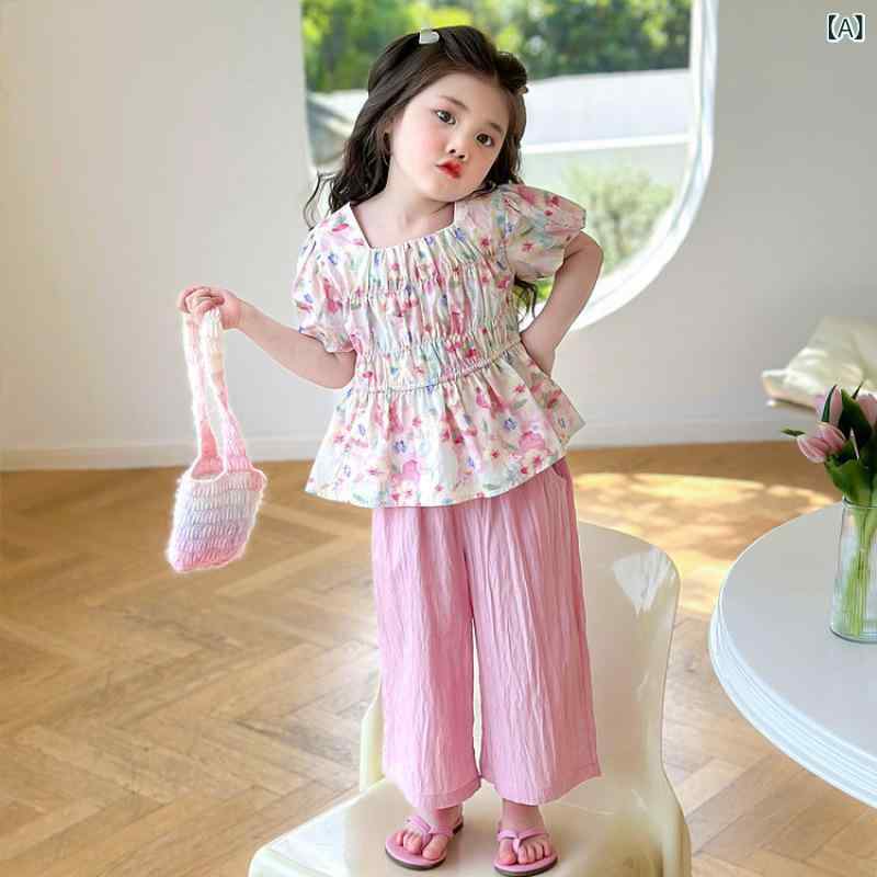 キッズ 女の子 夏服 薄手 綿混 コットン 半袖 小花柄 セットアップ おしゃれ かわいい カジュアル ルームウェア 普段着 3歳 8歳 幼児 小学生 ピンク ブルー
