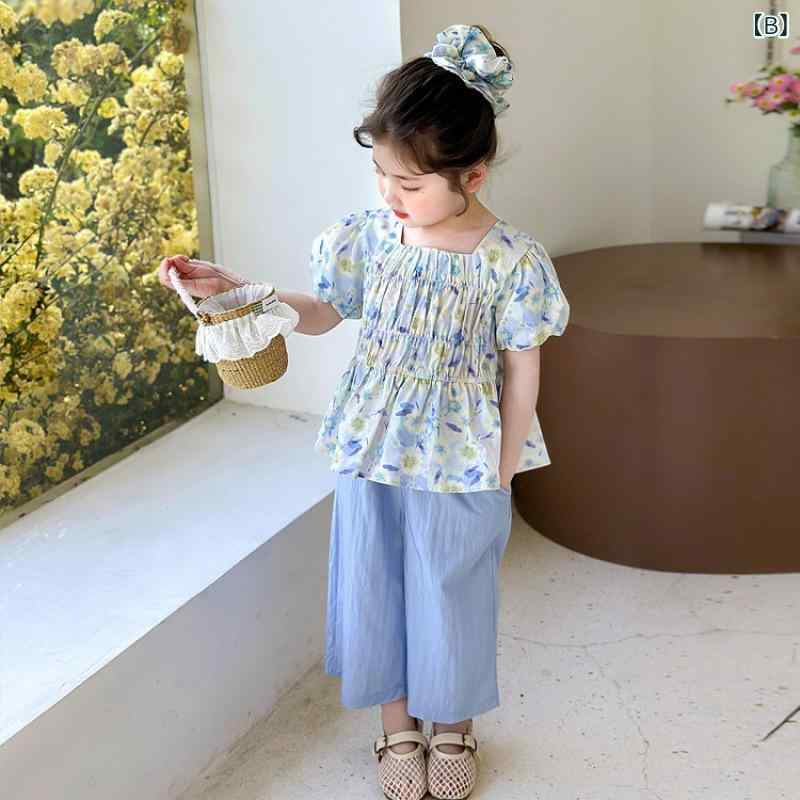 キッズ 女の子 夏服 薄手 綿混 コットン 半袖 小花柄 セットアップ おしゃれ かわいい カジュアル ルームウェア 普段着 3歳 8歳 幼児 小学生 ピンク ブルー