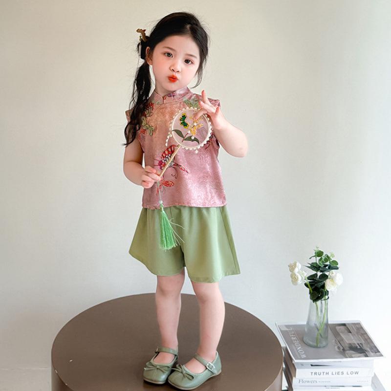 キッズ 女の子 新中式チャイナ風 レトロ ノースリーブ 薄手 ソフトタッチ 綿混 トップス ショートパンツ 2点セット 夏服
