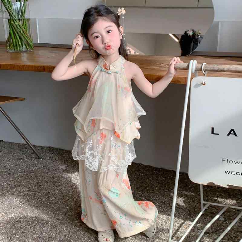 キッズ 女の子 新中華風 国風 漢服 セットアップ 夏 薄手 ノースリーブ 9分丈ボトムス 快適 綿混素材 2..