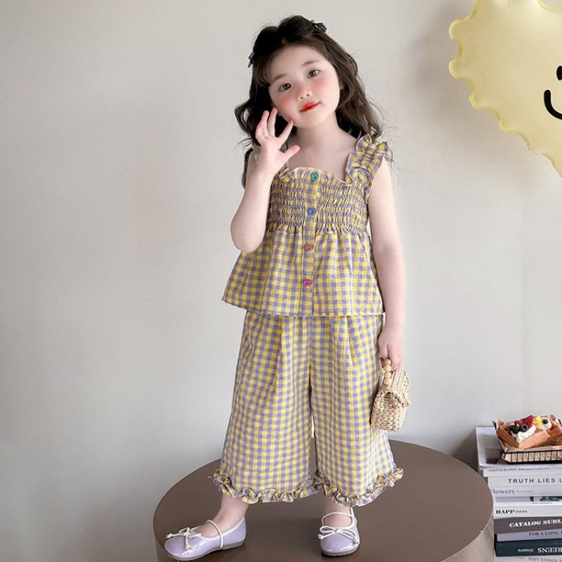 女の子 キッズ 子供服 夏 セットアップ 薄手 ノースリーブ チェック柄 クロップドパンツ 2点セット 綿混素材 カジュアル おしゃれ かわいい 韓国風