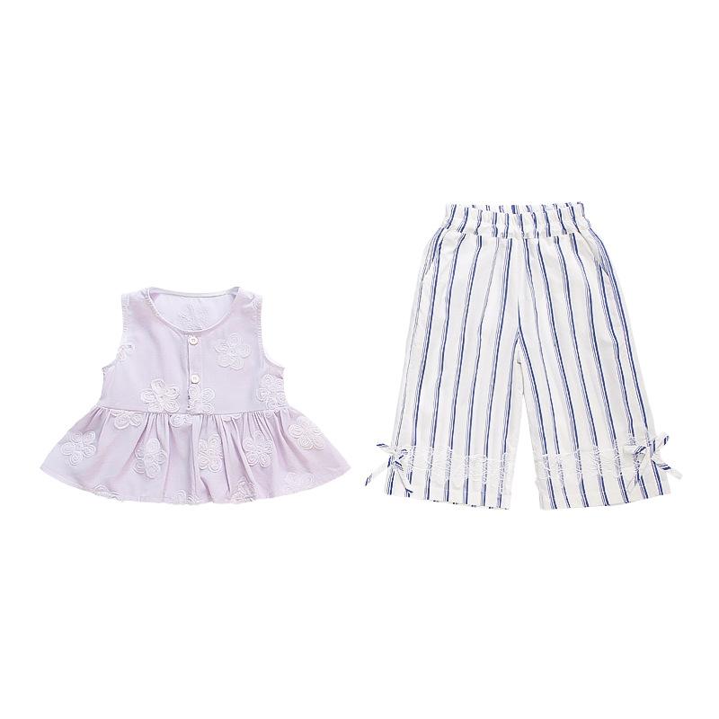 キッズ 女の子 夏服 セットアップ 薄手 おしゃれ ナチュラル プリンセス風 ノースリーブトップス 九分丈パンツ 防蚊加工 綿混 ストライプ柄 カジュアル