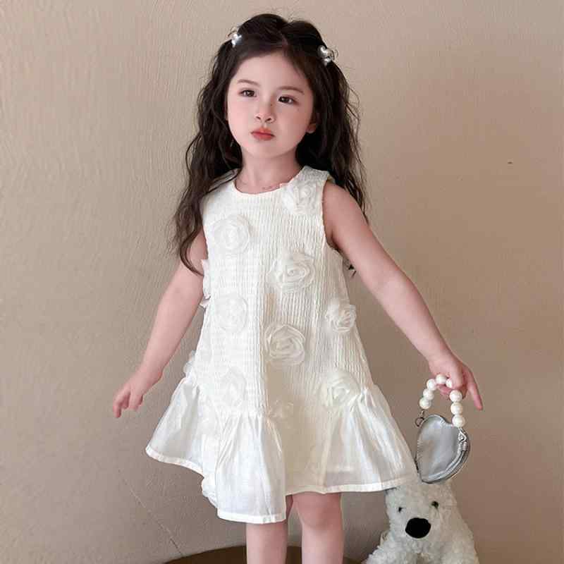 ワンピース 女の子 立体フラワー ノースリーブ プリンセスドレス 夏 綿混素材 かわいい 肌触り良い キッズ ジュニア お出かけ 普段着