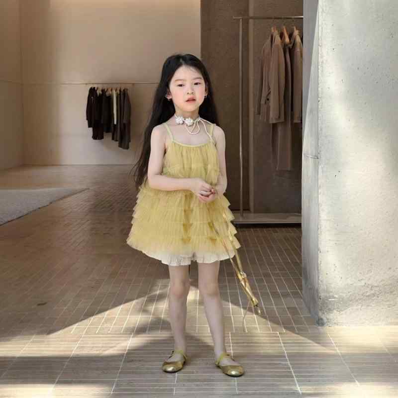 セットアップ 女児 春夏 薄手 やわらか素材 コットンブレンド 韓国風 アプリコット ティアード キャミ..