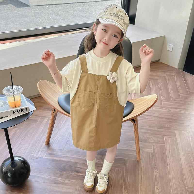 ワンピース キッズ 女の子 夏 薄手 半袖 Tシャツ 重ね着風 ジャンパースカート ゆったり かわいい 韓国風 綿素材