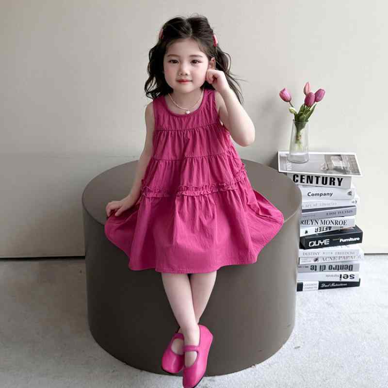 ワンピース 女の子 キッズ ベビー プリンセススタイル ローズピンク ノースリーブ 無地 コットンブレンド 柔らか 夏 カジュアル 普段着 お出かけ