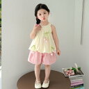 キッズ 女の子 夏 ノースリーブ キャミソール クロップドパンツ 2点セット 薄手 綿混素材 柔らかい素材 韓国風 おしゃれ かわいい チューリップ柄 ベージュ セットアップ