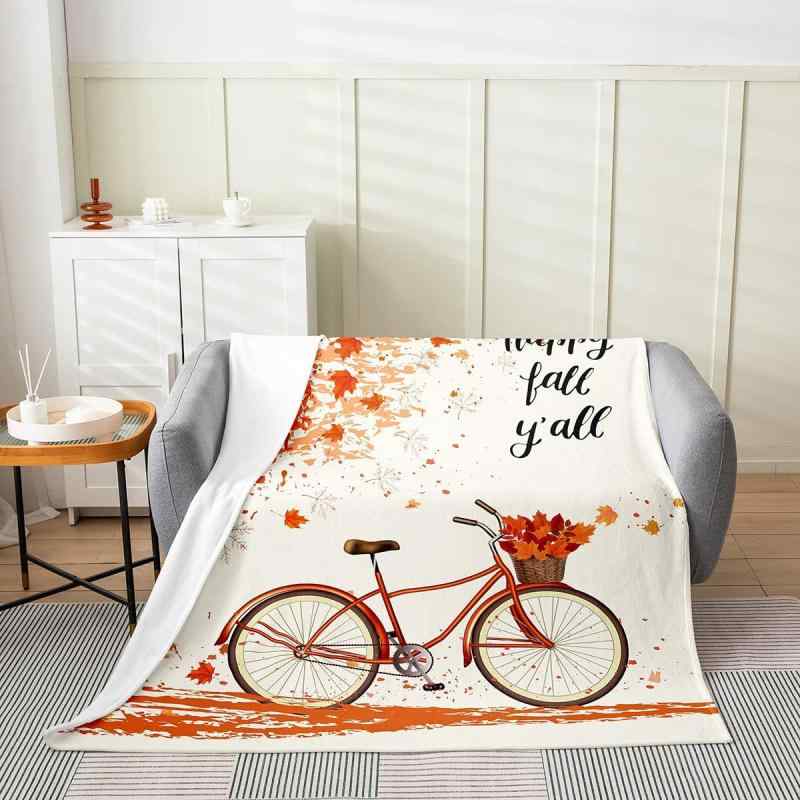 ブランケット フランネル 男女兼用 素朴な田舎風 自転車柄 オレンジ 楓模様 ベッド用 寝室インテリア ..