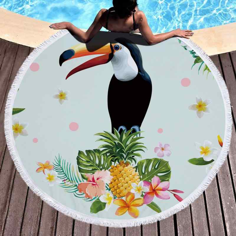 ビーチタオル 超極細繊維 吸水速乾 軽量 大判 熱帯植物柄 円形 フリンジ付き デジタルプリント 海水浴 プール 旅行 アウトドア レジャー