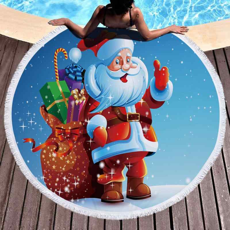 ビーチタオル マイクロファイバー 吸水速乾 ソフト 大判 デジタルプリント サンタクロース柄 円形 フリ..