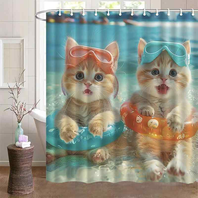 シャワーカーテン 防水 撥水 デジタルプリント ビーチ 猫柄 かわいい ポリエステル 浴室用 間仕切り 目隠し おしゃれ モダン シンプル 洗える