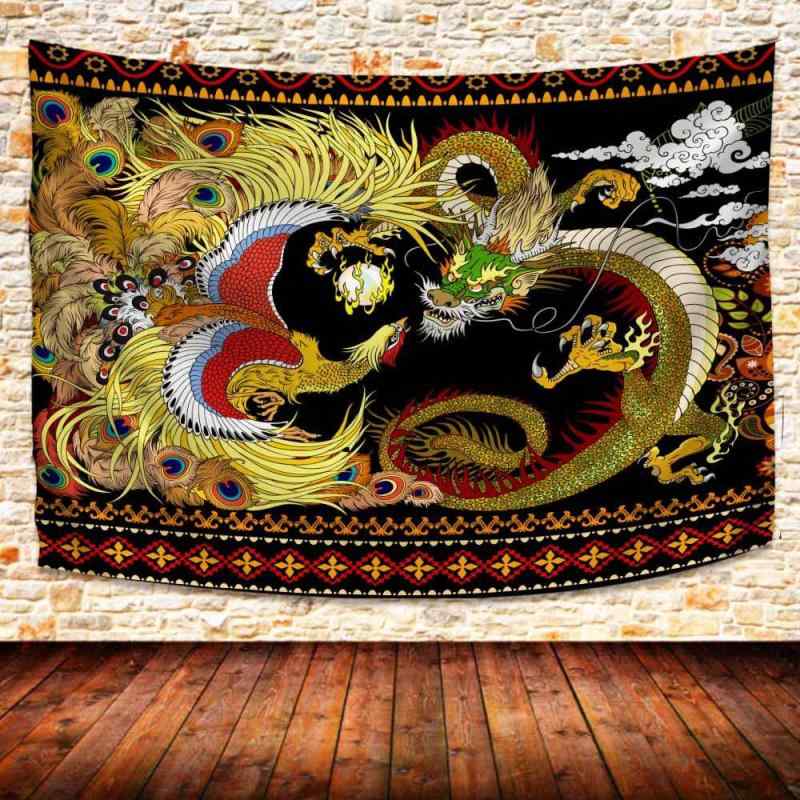 タペストリー 東洋神話 龍鳳凰柄 神獣 壁掛け ウォールアート リビング 寝室 インテリア 背景布 北欧風 ポリエステル製 洗濯可能 軽量