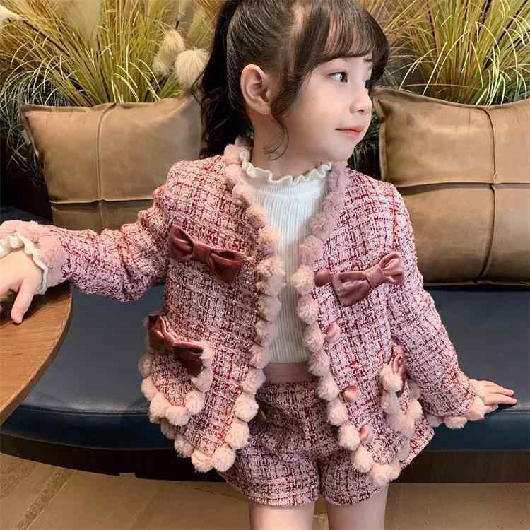 キッズ 女の子 厚手 リボン付き チェック柄 韓国風 秋冬 ジャケット ショートパンツ セットアップ ツーピース 柔らかい ポリエステル素材 ピンク グリーン 通園 通学