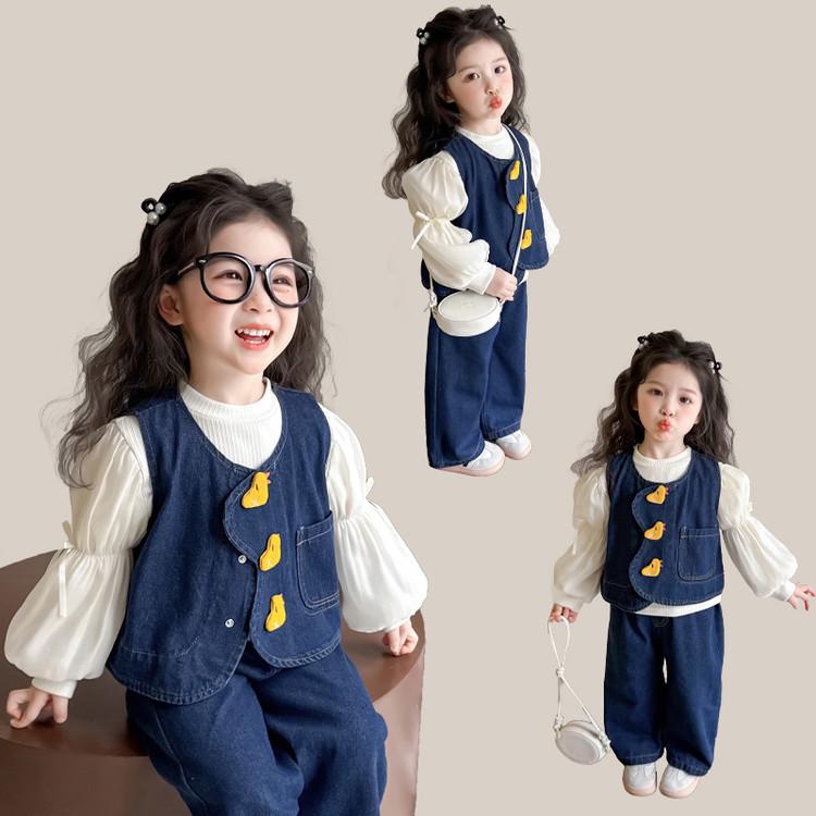 セットアップ 女の子 薄手 春物 フリル デニム 3点セット おしゃれ 長袖 ロングパンツ 韓国風 カジュアル アルファベット柄 コットン シングルボタン