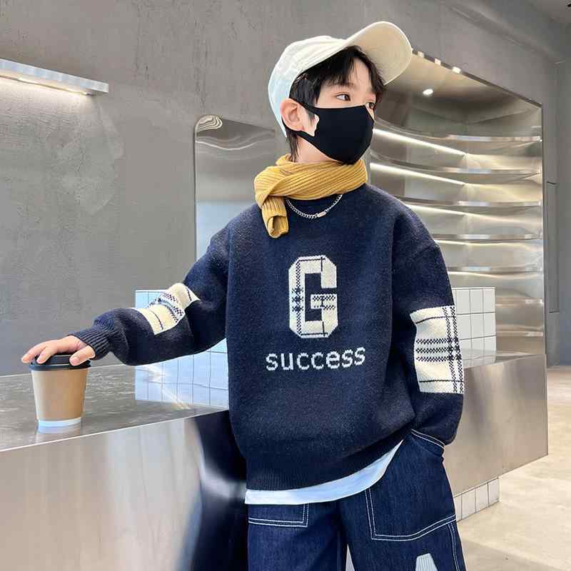 ニット 男の子 厚手 あったか 保温 長袖 プルオーバー 小学生 中学生 ジュニア 韓国風 ストライプ チェック キャラクター 秋冬春 通学 普段着 柔らかい(4.0)