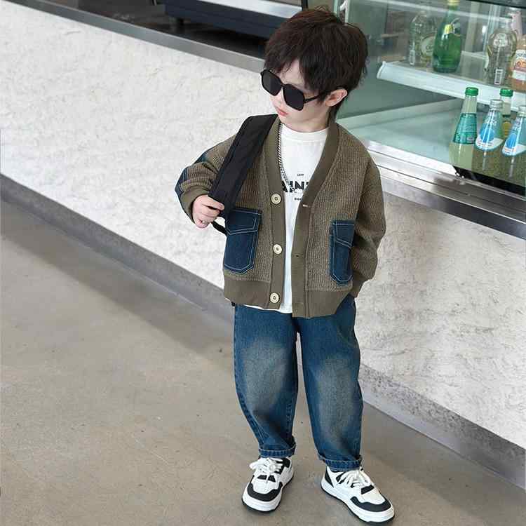 キッズ セットアップ 男の子 春夏秋 デニム切り替え カーディガン 長袖 ロングパンツ 綿 前開き 2点セット カジュアル おしゃれ かっこいい 柔らかい肌触り 3歳 8歳 100cm 140cm対応