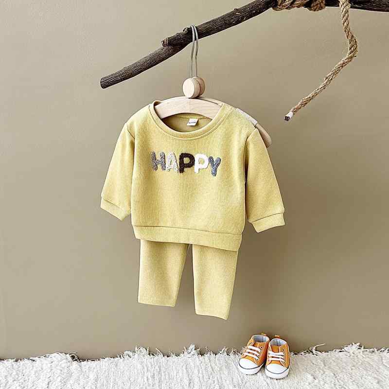 キッズ セットアップ 男女兼用 ベビー 韓国風 やわらか コットン混 ゆったり スポーツ 部屋着 ロゴワッペン レモンイエロー スウェット トレーナー スウェットパンツ 春秋