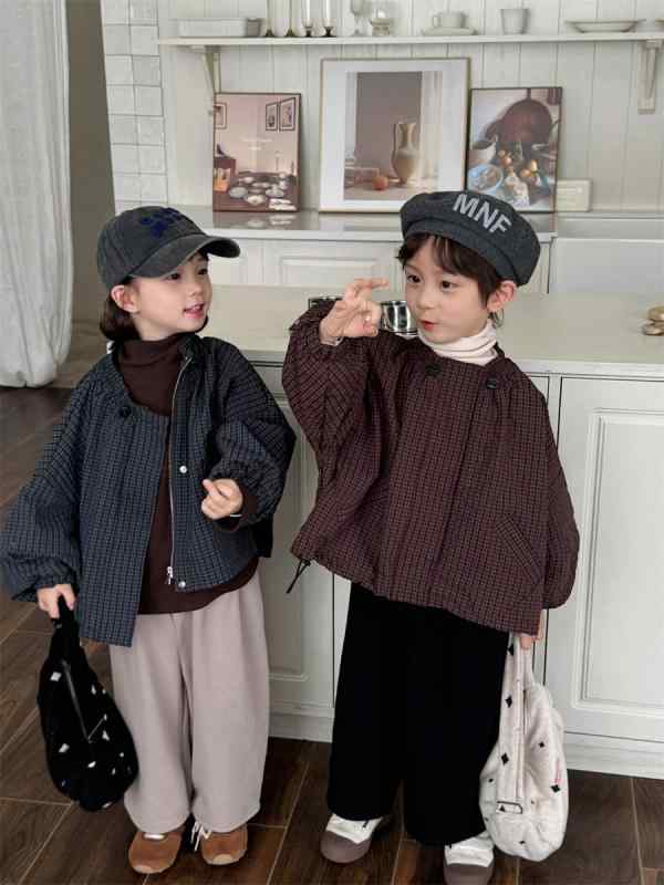 ジャケット キッズ 男女兼用 ゆったり チェック柄 ショート丈 中綿ジャケット フードなし ジップアップ 切り替え 韓国風 ポリエステル 秋