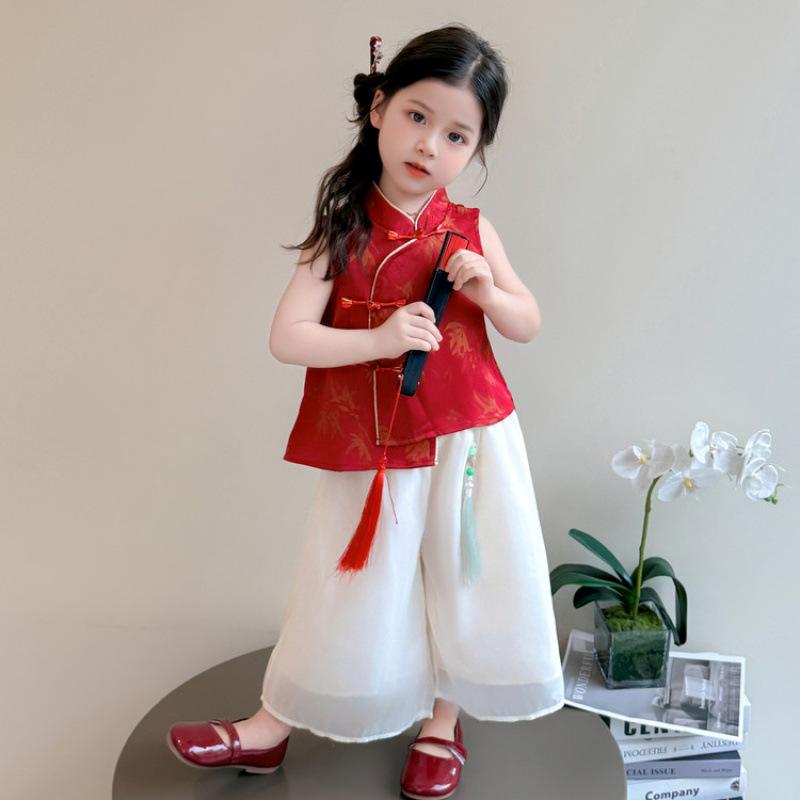 キッズ セットアップ 女の子 新中式 ノースリーブ ベスト ワイドパンツ 上下セット 綿混 ソフト 薄手 九分丈 春夏 90-140cm対応