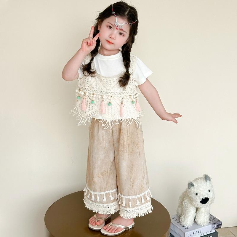 キッズ ガールズ セットアップ 半袖 透かし編み ボヘミアン フリンジ ワイドパンツ 防虫 九分丈 薄手 ソフト 春夏