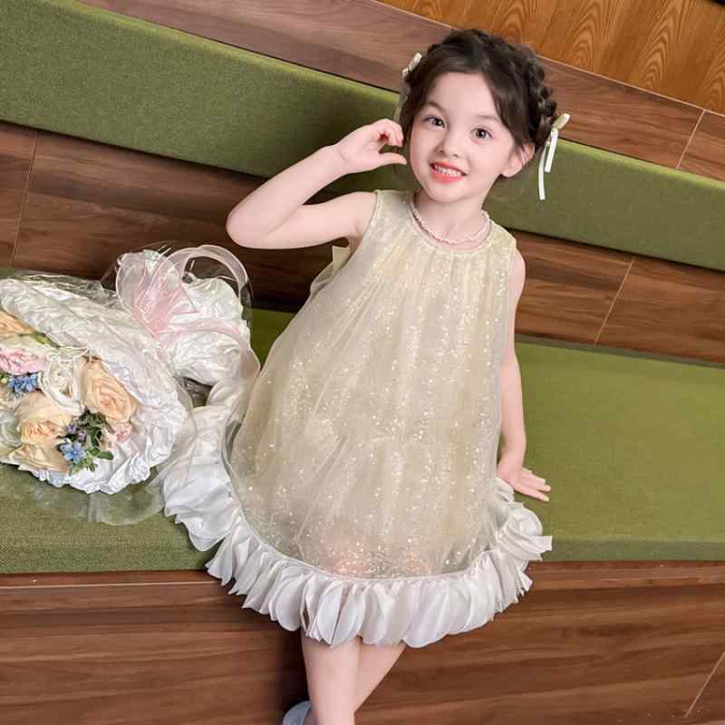ワンピース 女の子 子供服 綿混素材 ノースリーブ 蝶結び リボン スパンコール シャンパンカラー プリンセスドレス フォーマルドレス 韓国風