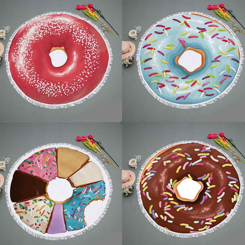 ビーチタオル 円形 マイクロファイバー フリンジ付き やわらか ドーナツ柄 プリント 大判 速乾 吸水性 プール 海水浴 レジャー アウトドア 男女兼用(3)