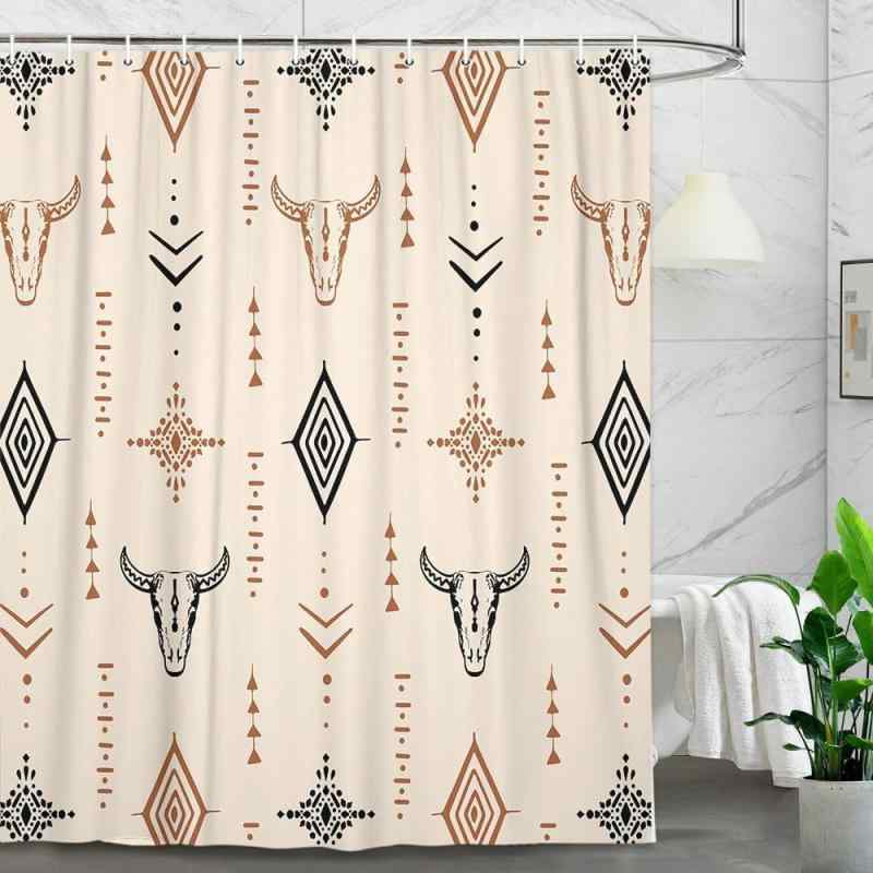 シャワーカーテン 防水 撥水 ポリエステル製 デジタルプリント 西部 カウボーイ風 バイソン トライバル柄 バスルーム 浴室 間仕切り 目隠し デコレーション インテリア 模様替え