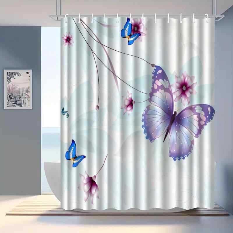 シャワーカーテン 防水 撥水加工 デジタルプリント 蝶々柄 バタフライ ポリエステル バスルーム お風呂 ユニットバス 浴室用 フック付き 選べるサイズ