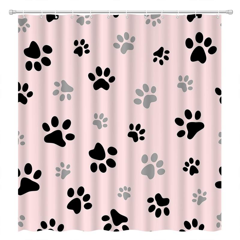 シャワーカーテン 防水 デジタルプリント 犬の足跡柄 ピンク バスルーム 間仕切り ポリエステル製 フッ..
