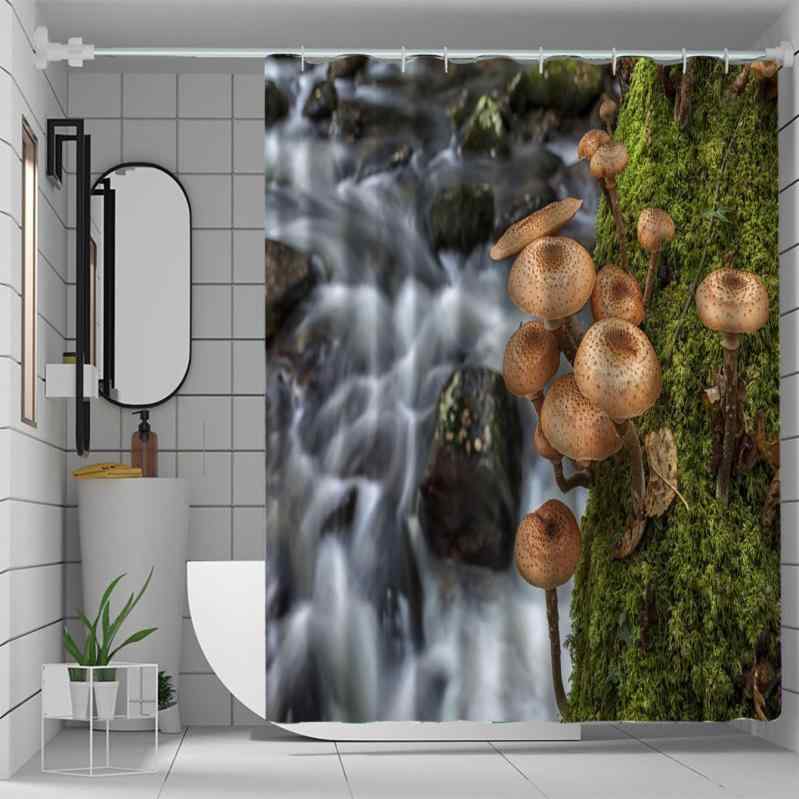 シャワーカーテン 防水 防カビ 3Dデジタルプリント 厚手 浴室用 間仕切り マッシュルーム柄 きのこ柄 絵画風タウン風景 ポリエステル製 セット 穴あけ不要