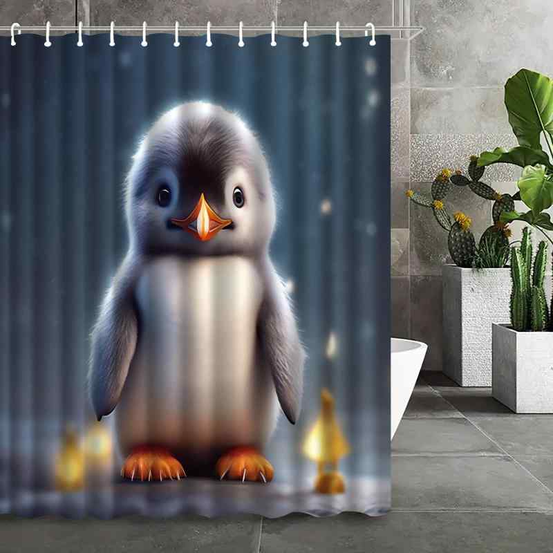 シャワーカーテン 防水 浴室用 デジタルプリント かわいい ペンギン柄 ポリエステル製 お風呂 バスルー..