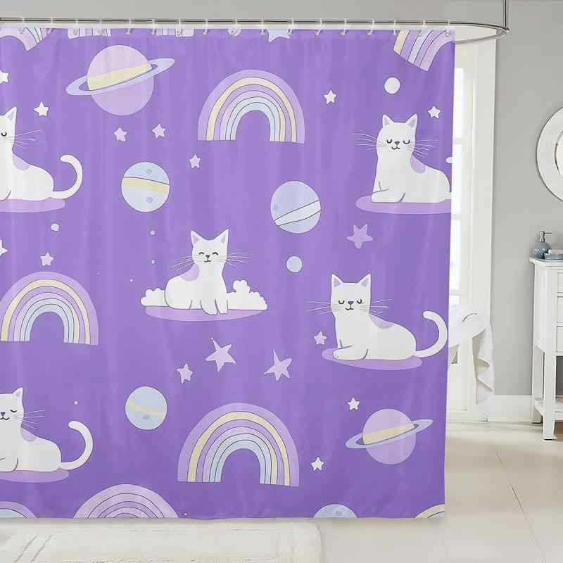 防水加工 デジタルプリント フック付き シャワーカーテン かわいい 猫柄 バスルーム お風呂場 目隠し 間仕切り おしゃれ ポリエステル素材 浴室用 インテリア