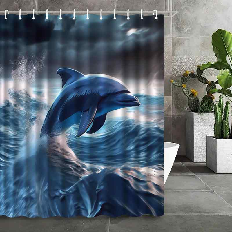シャワーカーテン 防水 3Dプリント ポリエステル イルカ柄 海底世界 マリンスタイル 穴あけ不要 突っ張り棒対応 バスルーム用 間仕切り 目隠し おしゃれ