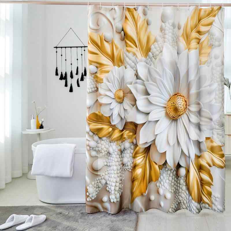 シャワーカーテン 白 3Dフラワー パール柄 デジタルプリント 撥水加工 防カビ バスルーム 浴室 間仕切り 目隠し ユニットバス 脱衣所用 おしゃれ フック付き ポリエステル