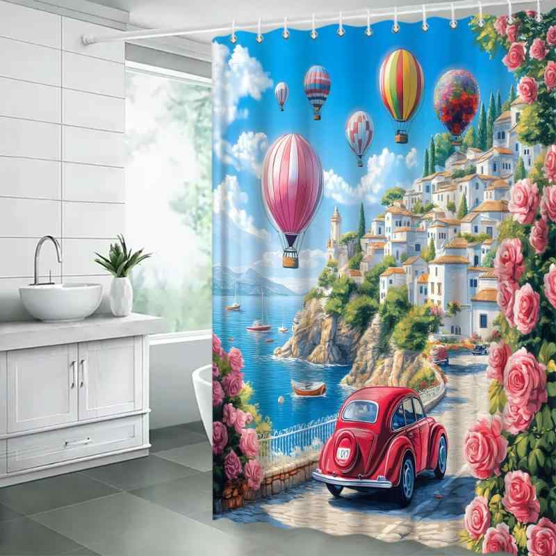 シャワーカーテン 熱気球 島 風景 絶景 防水 撥水 ポリエステル製 デジタルプリント バスルーム お風呂 インテリア 間仕切り 目隠し おしゃれ かわいい 癒し空間 リゾート風