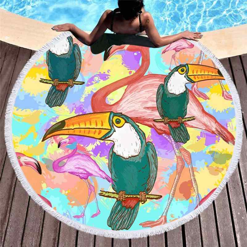 ビーチタオル 丸型 マイクロファイバー 速乾 吸水 大判 フリンジ付き 柔らかな肌触り 軽量 コンパクト 手書き風 鳥柄 プリント 海水浴 プール レジャー アウトドア 旅行用