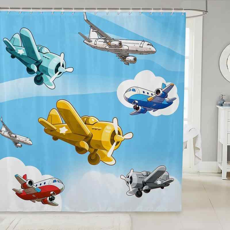 シャワーカーテン キッズ 子供用 飛行機 キャラクター柄 デジタルプリント 防水加工 ポリエステル製 浴室 バスルーム 間仕切りカーテン フック付き