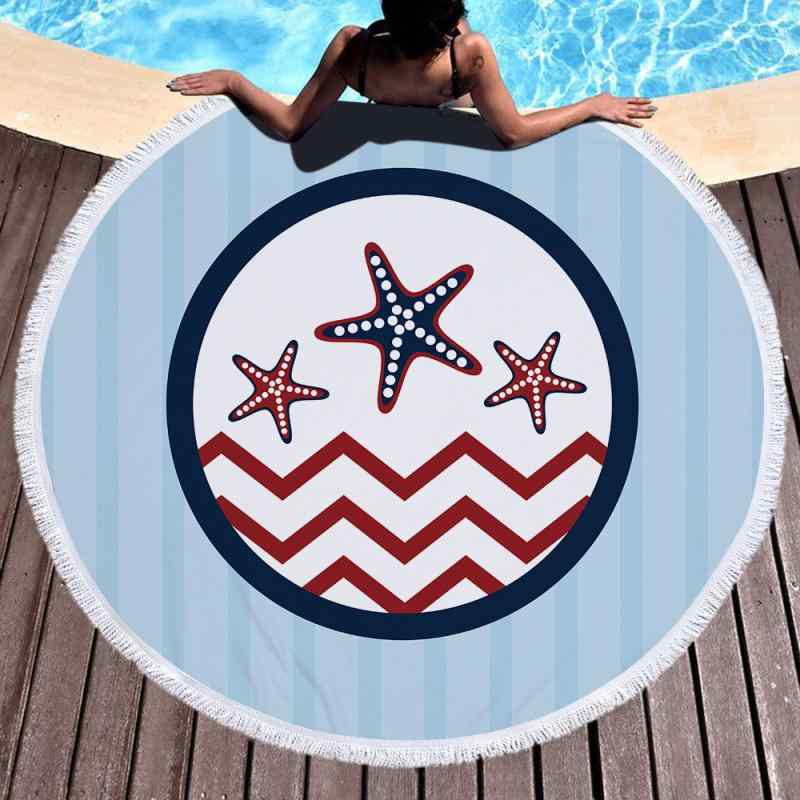 ビーチタオル 吸水速乾 柔らか素材 マイクロファイバー 円形プリント フリンジ付き 大判 150cm マリン..