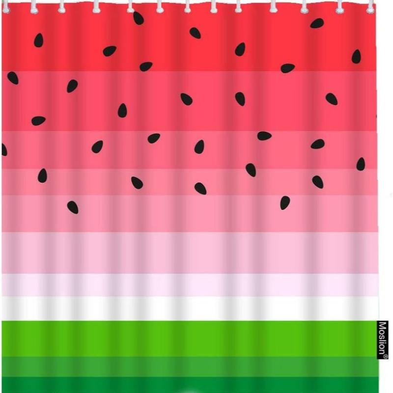 シャワーカーテン かわいい キャラクター フルーツ柄 スイカ柄 デジタルプリント 防水 ポリエステル生地 フック付き 浴室 バスルーム お風呂場 間仕切り 目隠し