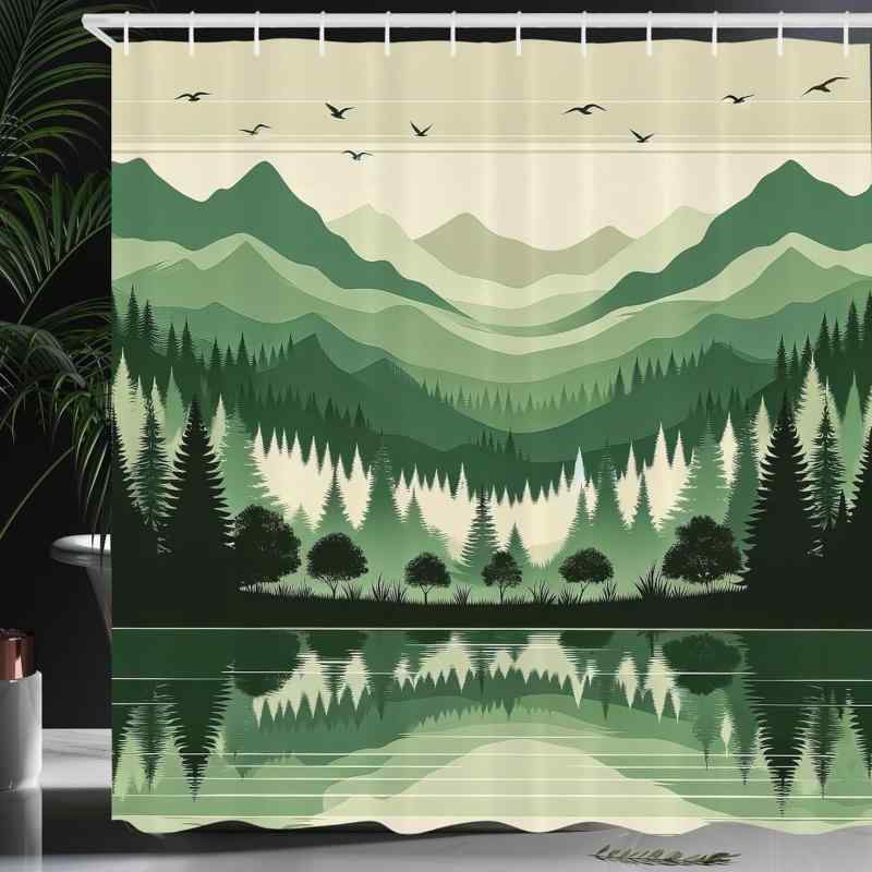 シャワーカーテン 防水 浴室用 お風呂 間仕切り グリーン 森林柄 ボタニカル柄 清潔感 デジタルプリント フック付き ポリエステル素材